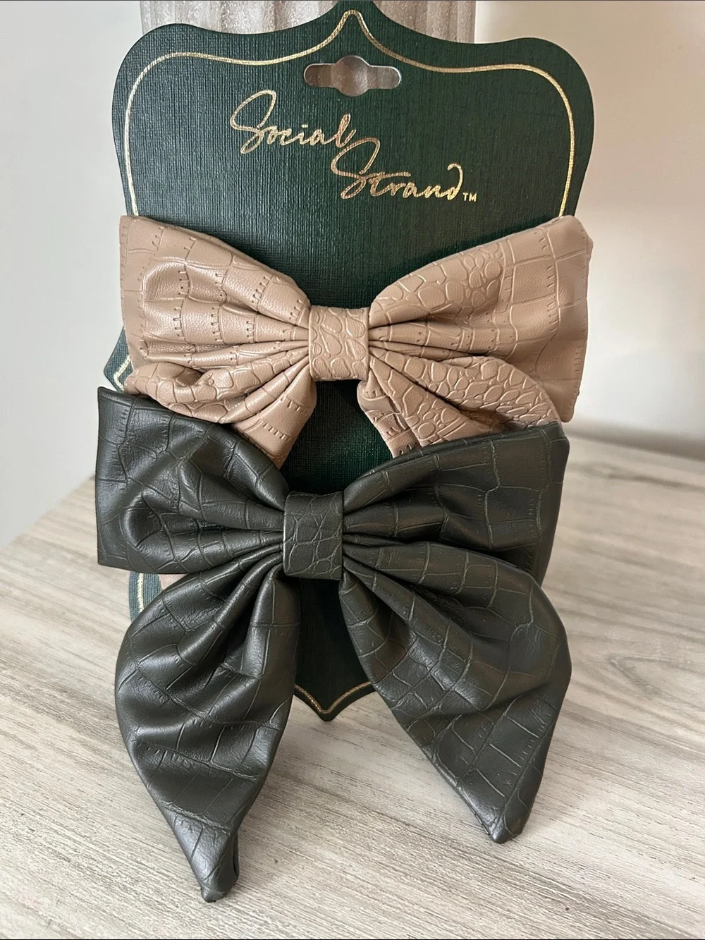 Faux Leather Bow Hair Clips - Taupe and Dark Brown